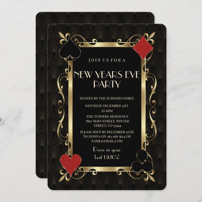 Invitación Casino Night Gold Art Deco New Years Eve Party (Anverso / Reverso)