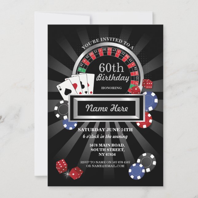 Invitación Casino Night Las Vegas Birthday Silver Fiesta (Anverso)