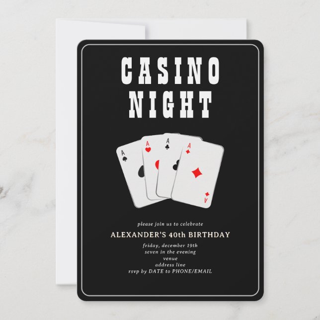 Invitación Casino Vegas Blackjack Poker Noche Fiesta Negro (Anverso)