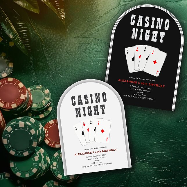 Invitación Casino Vegas Blackjack Poker Noche Fiesta Negro (Vegas Casino Blackjack Poker Night Black Playing Card Gambling Party Arched Invitation)