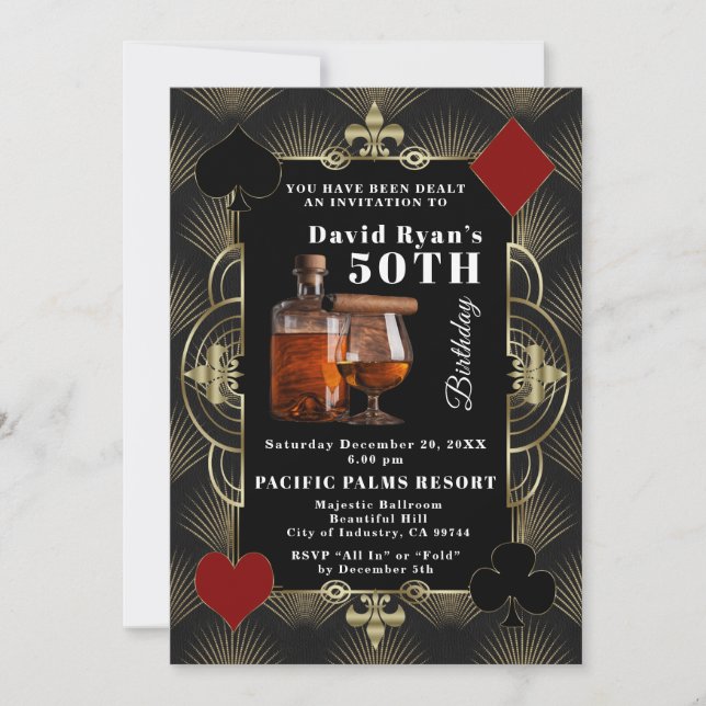 Invitación Casino Vegas Cognac And Cigar 50th Birthday Party  (Anverso)