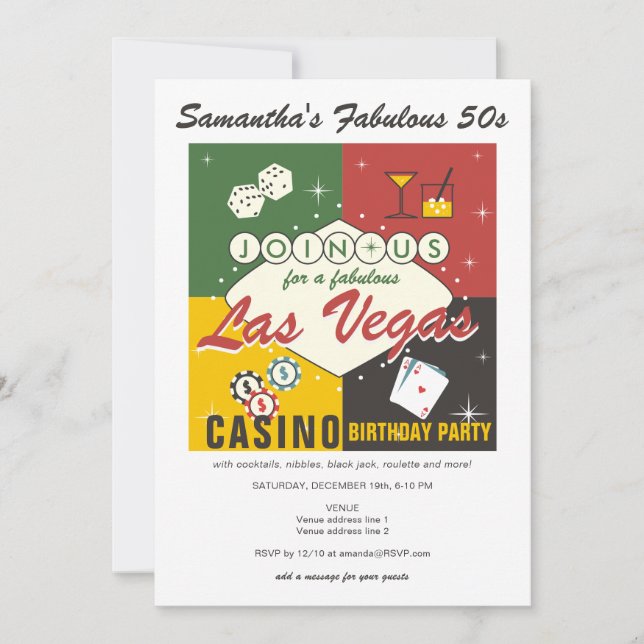 Invitación Casino Vegas Poker Noche Fabulosa fiesta de cumple (Anverso)
