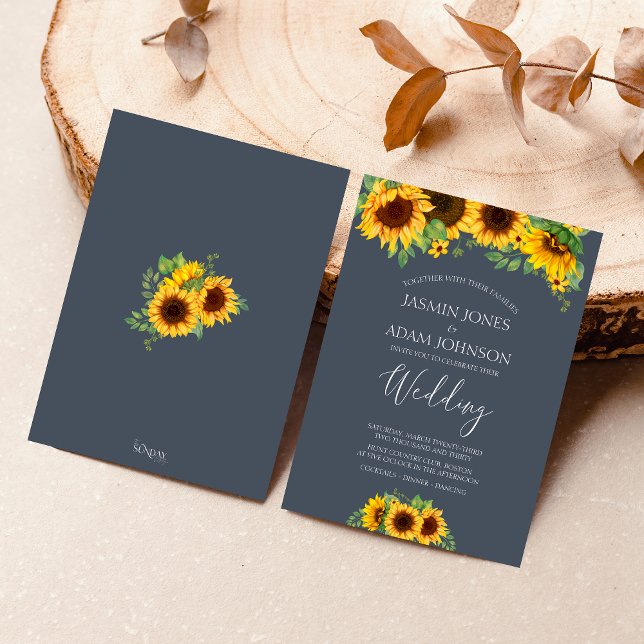 Invitación Caso de caída del girasol azul real ruso (Rustic Yellow and Navy Blue Sunflower Boho Wedding Invitation)