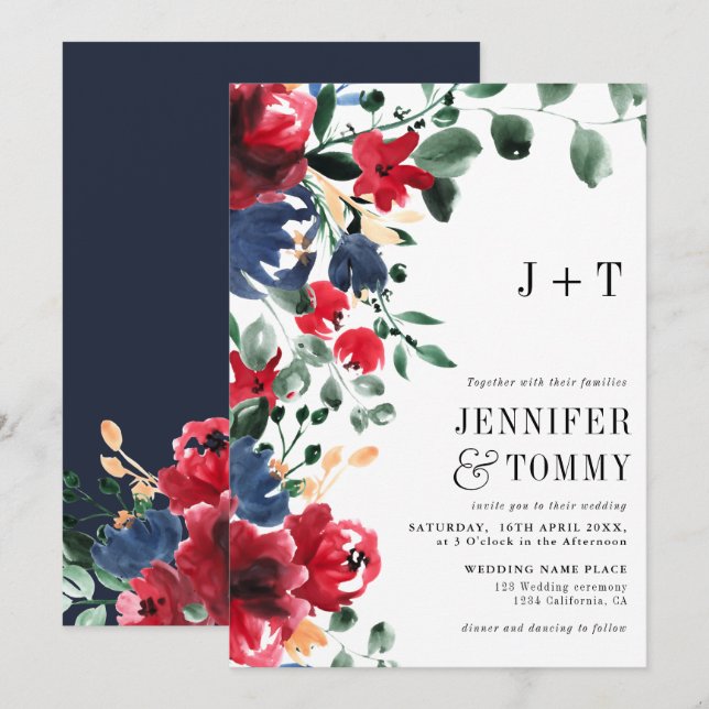 Invitación Caso ruidoso invierno rojo marina azul boda floral (Anverso / Reverso)