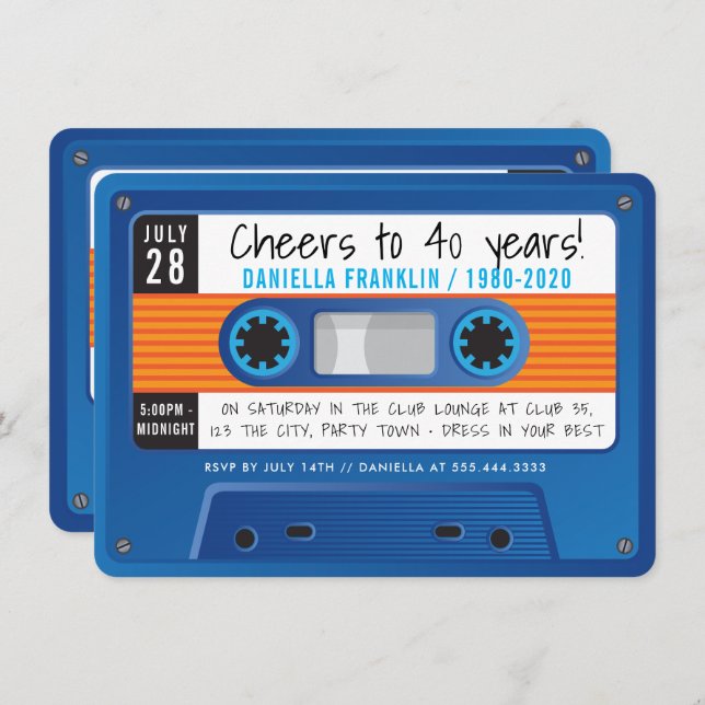 Invitación CASSETTE CINTA moderna disco cumpleaños naranja az (Anverso / Reverso)