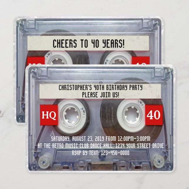 Invitación Cassette Mixtape de los años 80 Fiesta de cumpleañ (Anverso / Reverso)