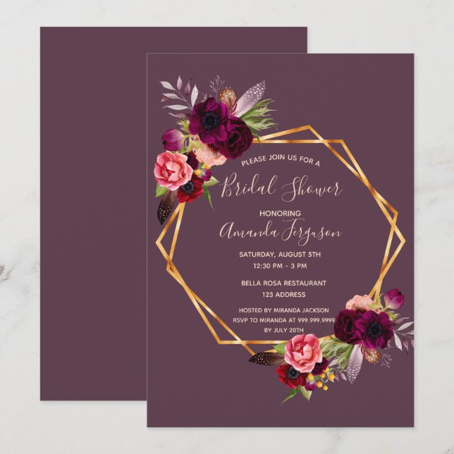 Invitación Cassis burgundy ducha de novia geométrica floral (Anverso / Reverso)