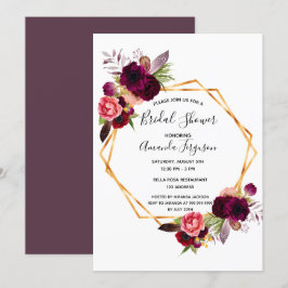 Invitación Cassis burgundy ducha de novia geométrica floral