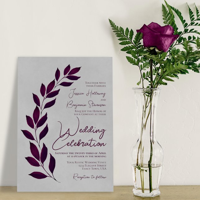 Invitación Cassis de escritura moderna hojas moradas en Boda  (Subido por el creador)