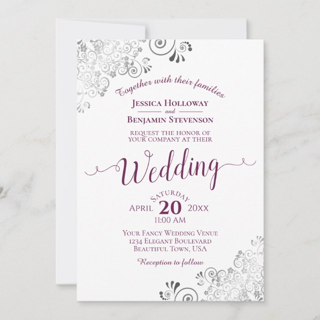 Invitación Cassis elegante de plata lacada morada sobre Boda  (Anverso)