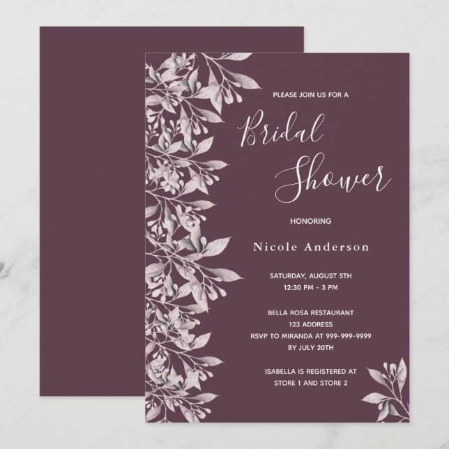 Invitación Cassis púrpura botánica Bridal Shower (Anverso / Reverso)