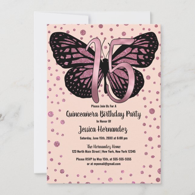 Invitación Cassis Purpurina de mariposa rosa Confetti Quincea (Anverso)