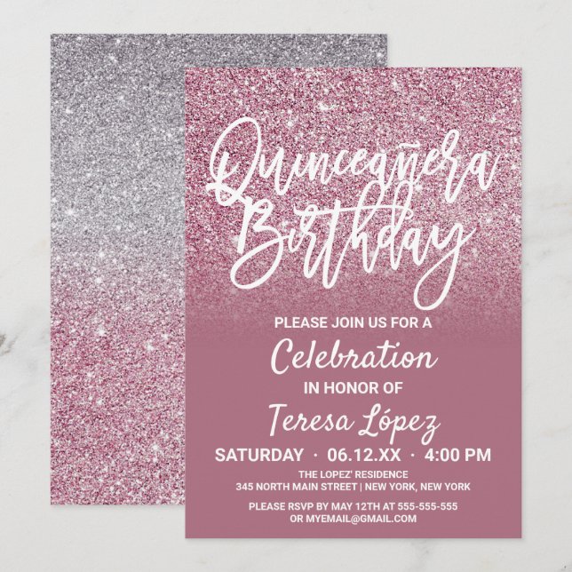 Invitación Cassis Purpurina Ombre Quinceañera (Anverso / Reverso)