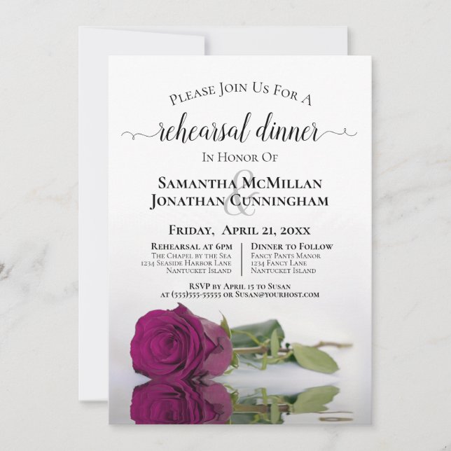 Invitación Cassis Rosa morado ensayo Boda Cena (Anverso)
