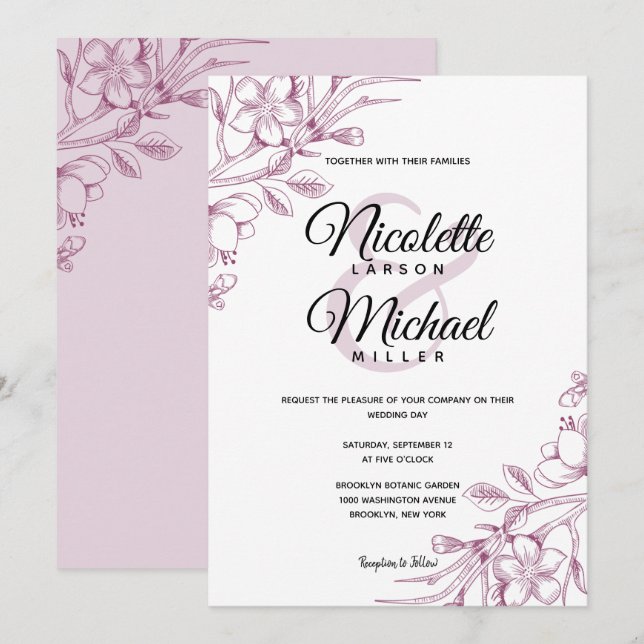 Invitación Cassis y Boda Floral Rosa (Anverso / Reverso)