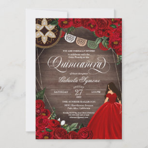 Invitación Casta de la Rosa Roja Gown Charro Occidental Quinc