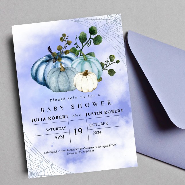 Invitación casta moderna otoño calabaza azul otoño niño bebé  (Subido por el creador)