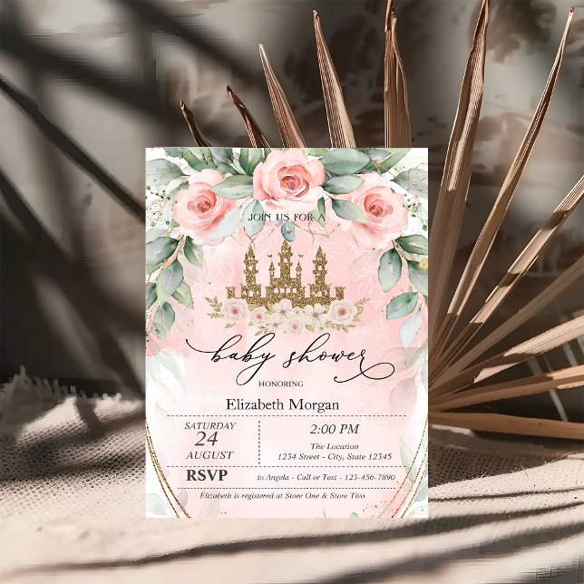 Invitación Castillo Brillante Rosas Rosadas Fiesta de Bebé (Subido por el creador)