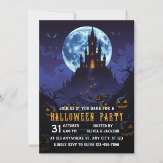 Invitación Castillo con luna, calabaza Halloween