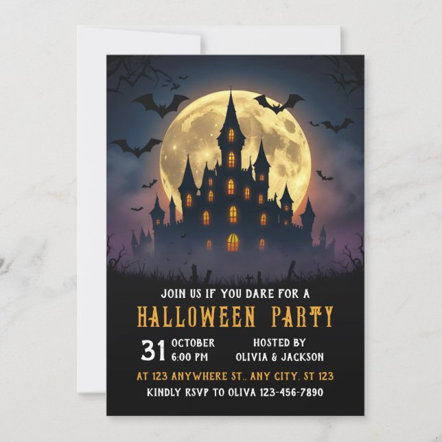 Invitación Castillo con luna llena, noche, Halloween (Anverso)