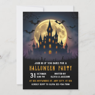 Invitación Castillo con luna llena, noche, Halloween