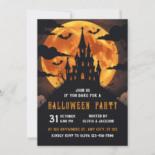 Invitación Castillo con luna llena, noche, murciélago, Hallow
