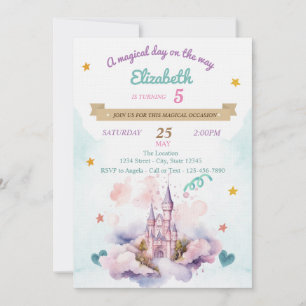 Invitación Castillo de Acuarela Cumpleaños Nubes Estrellas