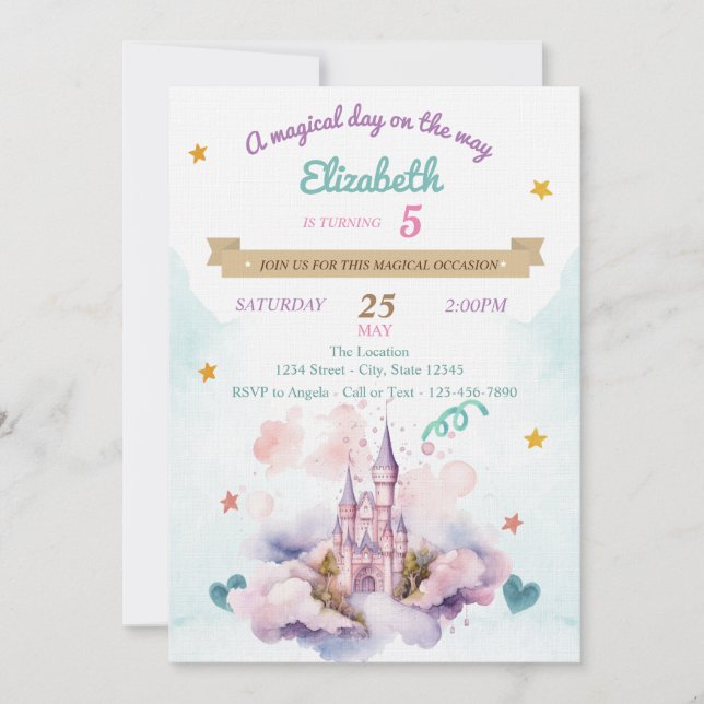 Invitación Castillo de Acuarela Cumpleaños Nubes Estrellas   (Anverso)