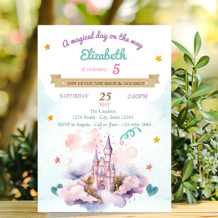 Invitación Castillo de Acuarela Cumpleaños Nubes Estrellas  