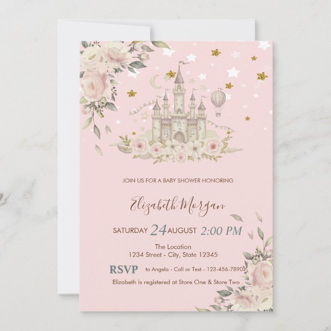 Invitación Castillo de acuarela, flores, Baby Shower de Gold  (Anverso)