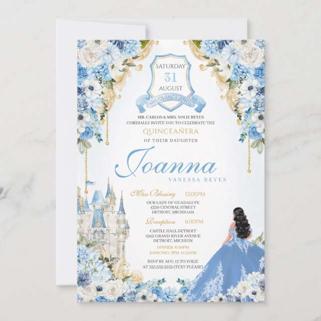 Invitación Castillo de Castillo Luz Cenicienta Azul Quinceane (Anverso)
