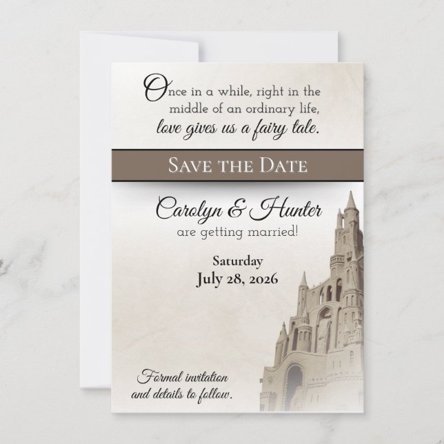 Invitación Castillo de cuento de hadas Boda Salva la Fecha (Anverso)