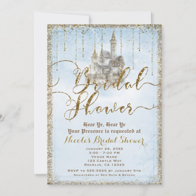 Invitación Castillo de Cuento de Hadas con Brillo Dorado Azul (Anverso)