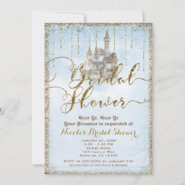 Invitación Castillo de Cuento de Hadas con Brillo Dorado Azul