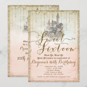 Invitación Castillo de cuento de hadas con purpurina dorada S