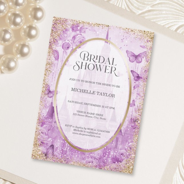 Invitación Castillo de Cuento de Hadas del Bosque Encantado F (Enchanted Forest Fairytale Castle Floral Bridal Invitation)