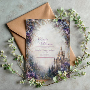 Invitación Castillo de Cuento de Hadas Flores Moradas Nebulos
