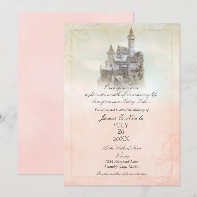 Invitación Castillo de Cuento de Hadas Soñado Rosa para Bodas (Anverso / Reverso)