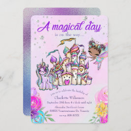 Invitación Castillo de cuento de hadas y unicornio arcoiris 