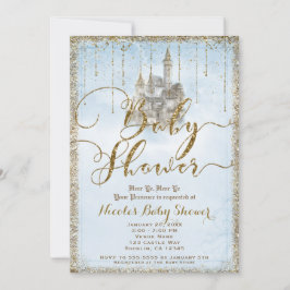 Invitación Castillo de cuento dorado con brillo Azul Baby Sho