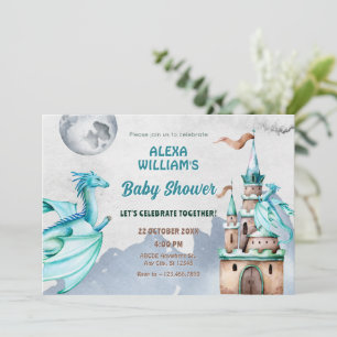 Invitación Castillo de Dragon Azul acuarela bebé ducha