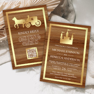Invitación Castillo de Hada Dorado Carruaje Código QR Boda