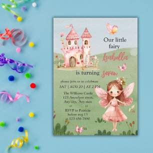Invitación Castillo de Hadas Rosa Mariposa Para Cualquier Eda