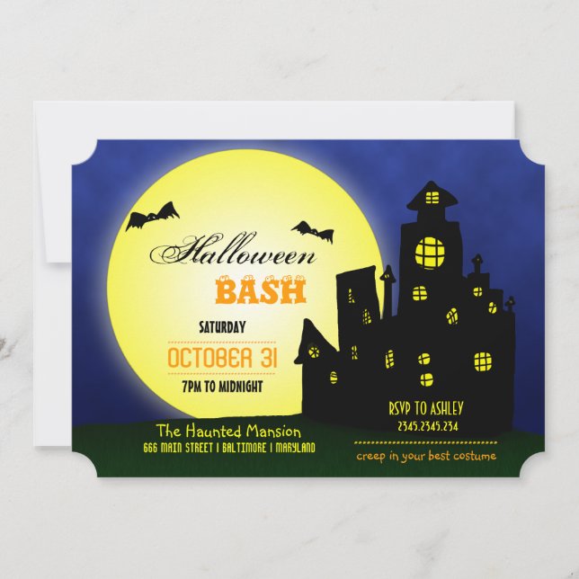 Invitación Castillo de Halloween Bash Haunted| Bats| Luna (Anverso)