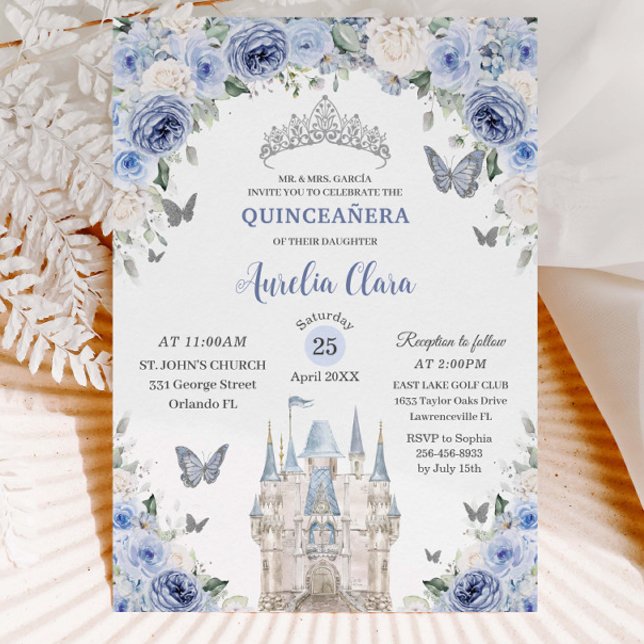 Invitación Castillo de la Princesa Floral Azul Blanco Quincea (light-dusty-blue-white-floral-princess-castle-fairytale-silver-Quinceañera-sweet-16-birthday-invite)