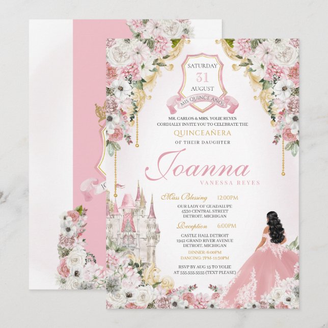 Invitación Castillo de la Princesa Real de Oro Rosado Quincea (Anverso / Reverso)