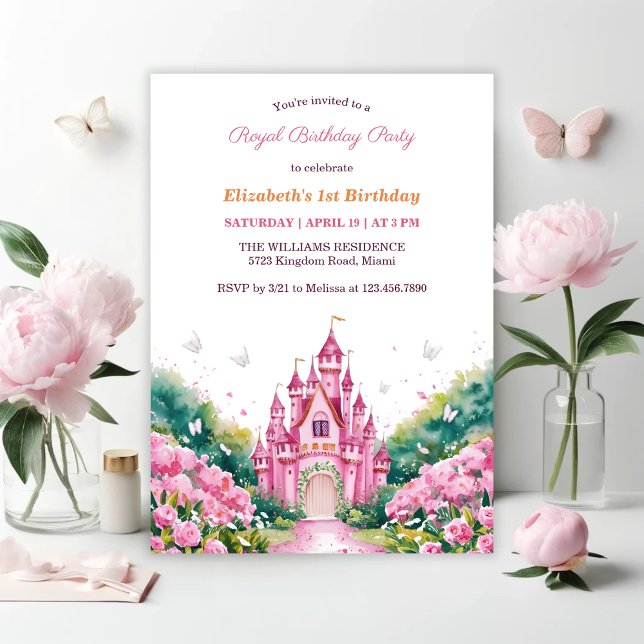 Invitación Castillo de la Princesa Real Rosa Fiesta de Cumple (Pink Royal Princess Castle 1st Birthday Party Invitation)