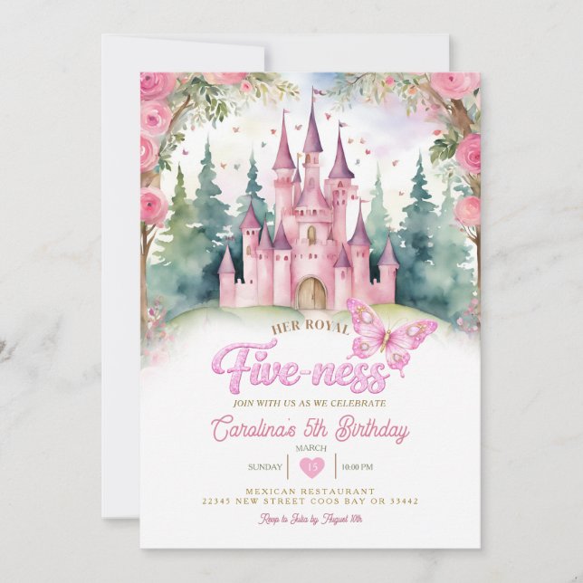 Invitación Castillo de Mariposa Rosa Cumpleaños de Su Alteza  (Anverso)
