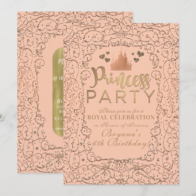 Invitación Castillo de Oro con Rubor de Melocotón FIESTA DE P (Anverso / Reverso)
