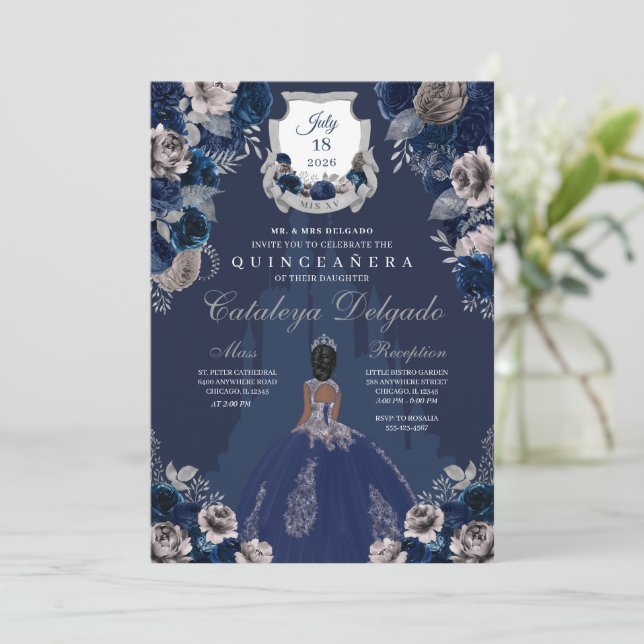 Invitación Castillo de princesa azul y plata de la marina Qui (Anverso de pie)
